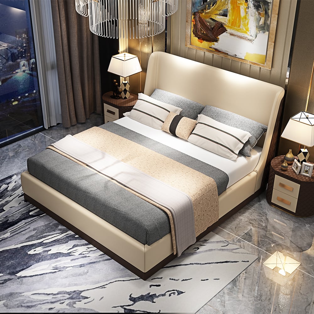 Lit rembourré moderne en cuir microfibre beige avec tête de lit à ailettes image de fenêtre