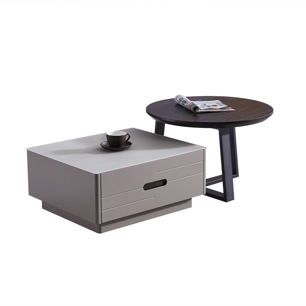 Modern Nesting Coffee Table Set  with Glass Top & Drawers in Black & Gray window image