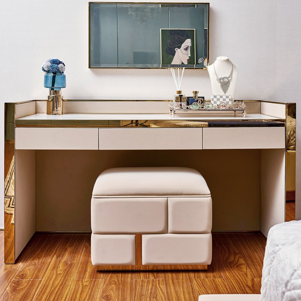 15.7" Modern Square Vanity Stool Microfiber Leather Upholstery in Beige window image