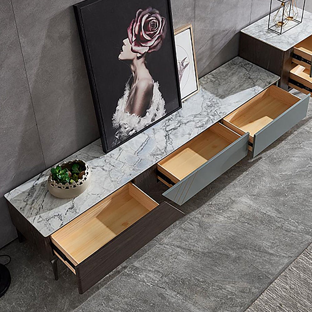 Modern Blue TV Stand with Sintered Stone Top & Drawers for 85 inch TVs window image