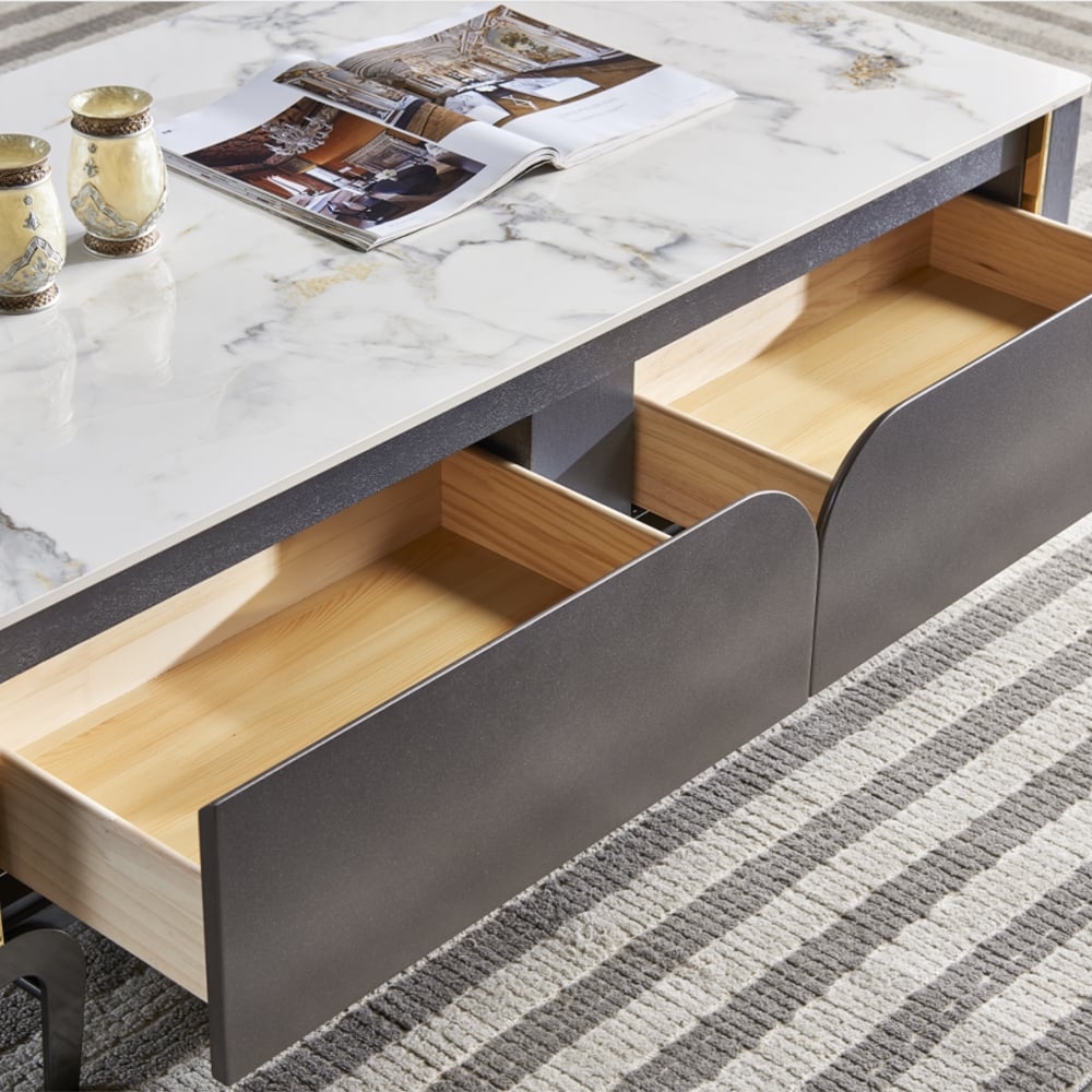 Modern Coffee Table with Storage & 2 Drawers and White Sintered Stone Top window image