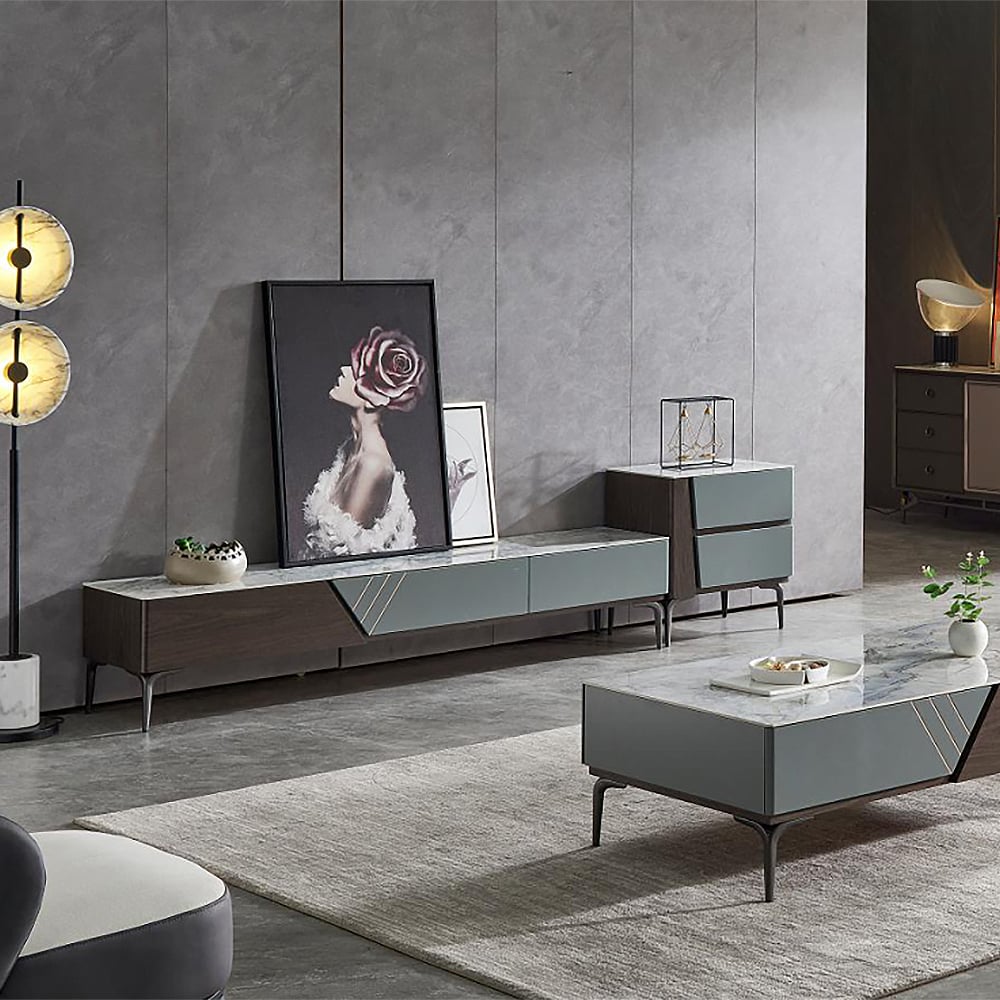 Modern Blue TV Stand with Sintered Stone Top & Drawers for 85 inch TVs window image