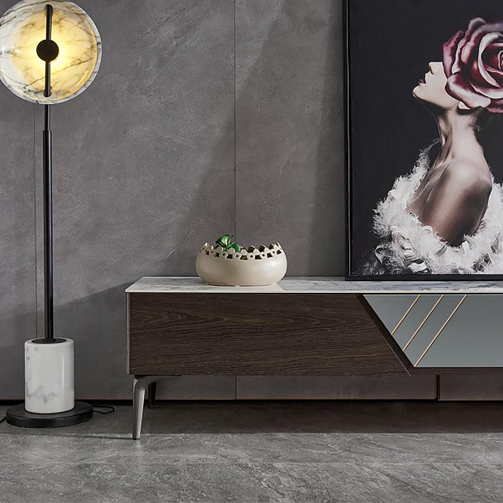 Modern Blue TV Stand with Sintered Stone Top & Drawers for 85 inch TVs window image