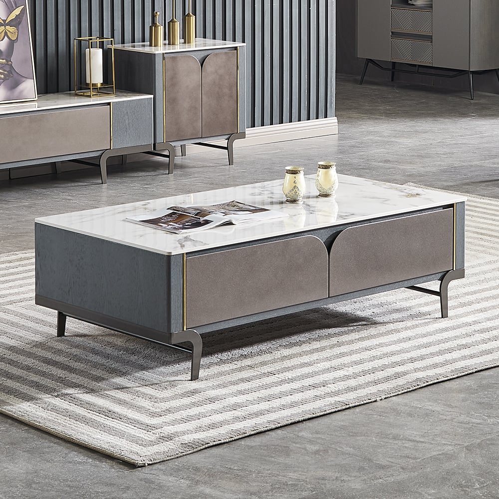 Modern Coffee Table with Storage & 2 Drawers and White Sintered Stone Top window image