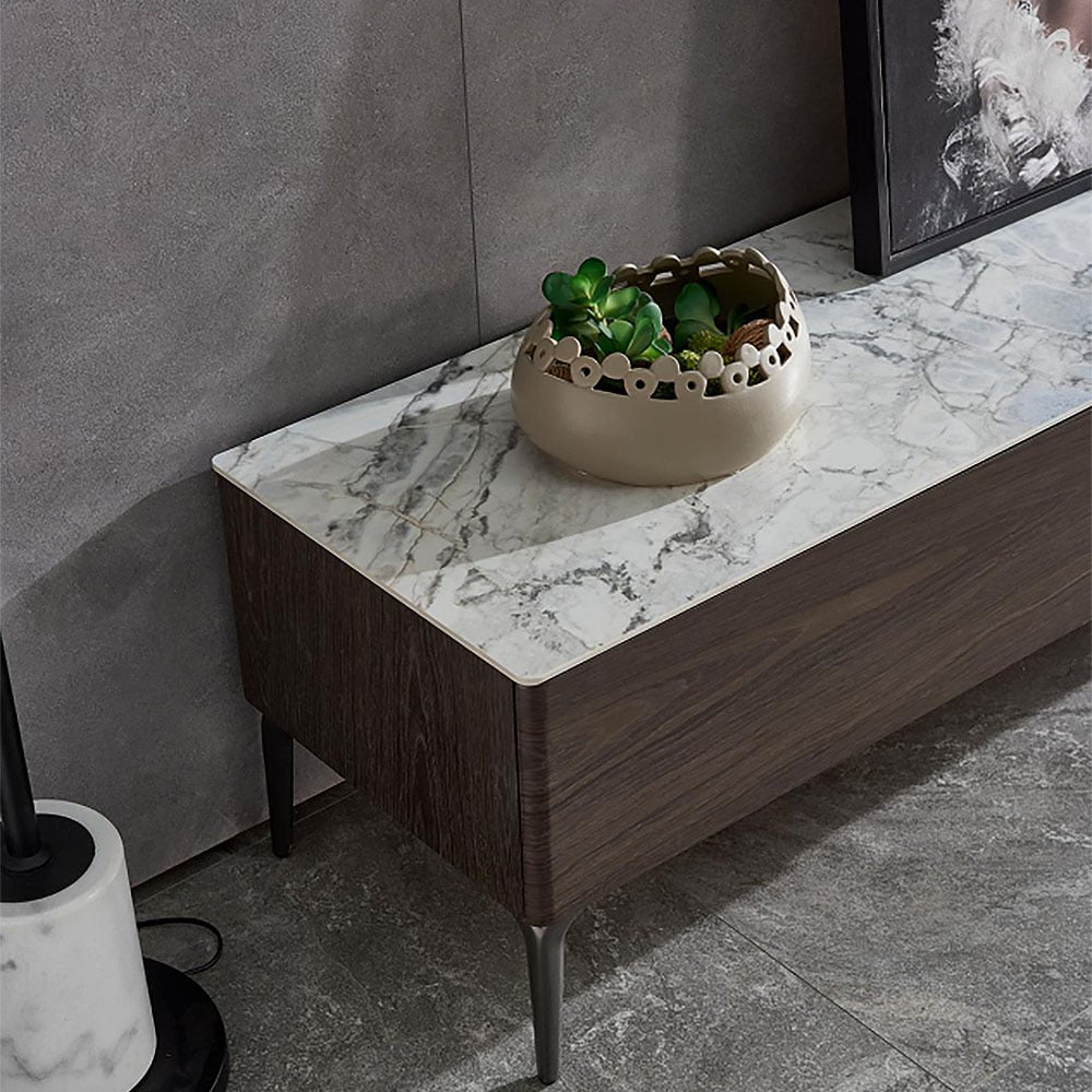 Modern Blue TV Stand with Sintered Stone Top & Drawers for 85 inch TVs window image