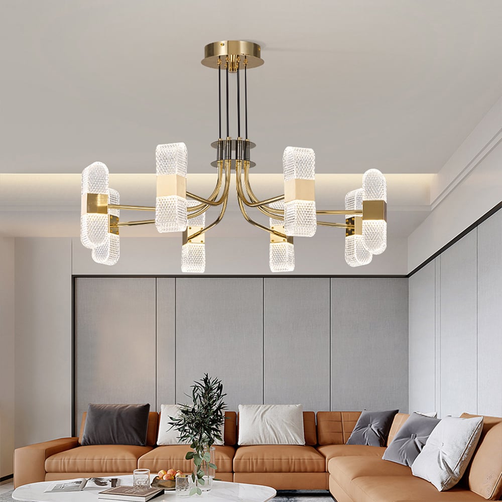 Moderne 8-licht acryl LED gouden spoetnik-kroonluchter voor woonkamer Vensterafbeelding