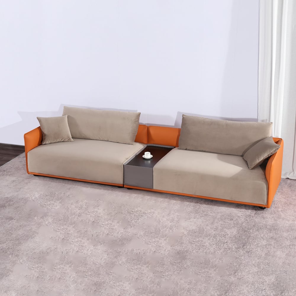 Sofá seccional moderno tapizado de terciopelo en gris y naranja para 4 plazas con mueble imagen de ventana