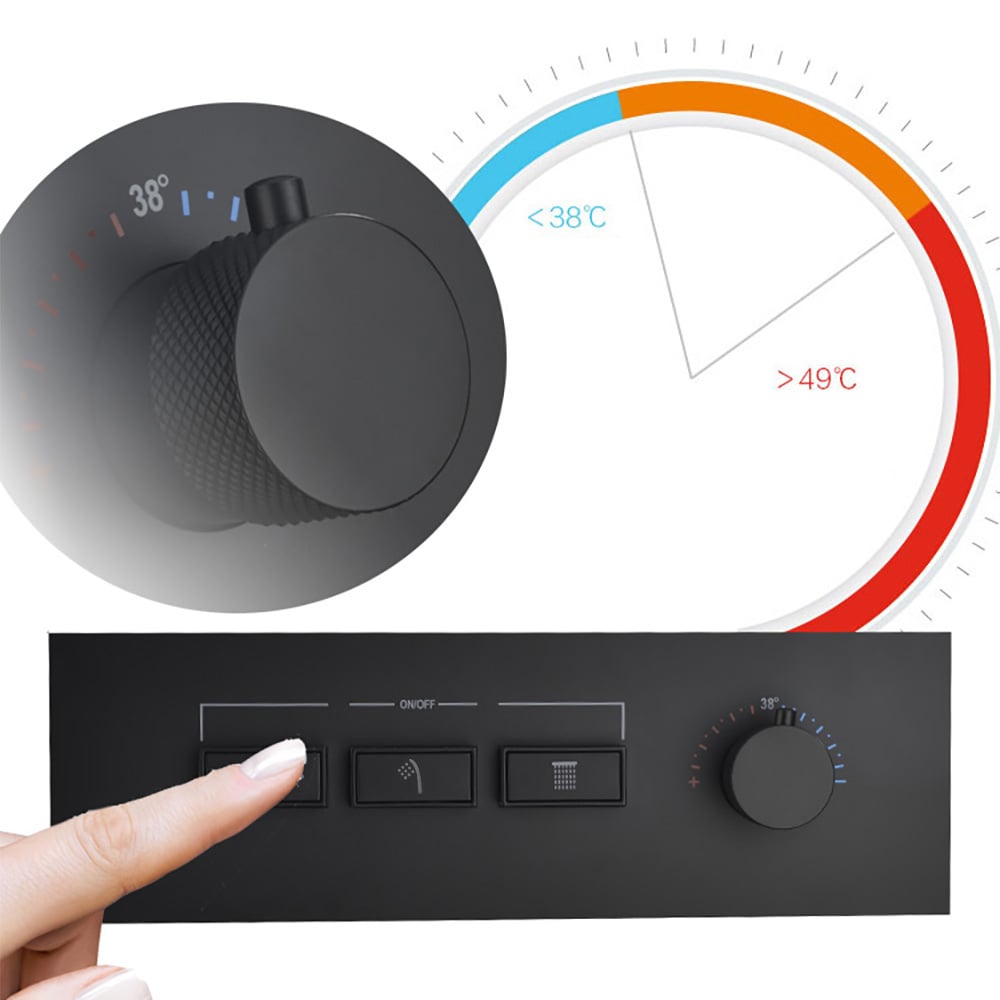 Wandgemonteerde 400mm doucheset Regenval 3 functies thermostatisch in matzwart Vensterafbeelding