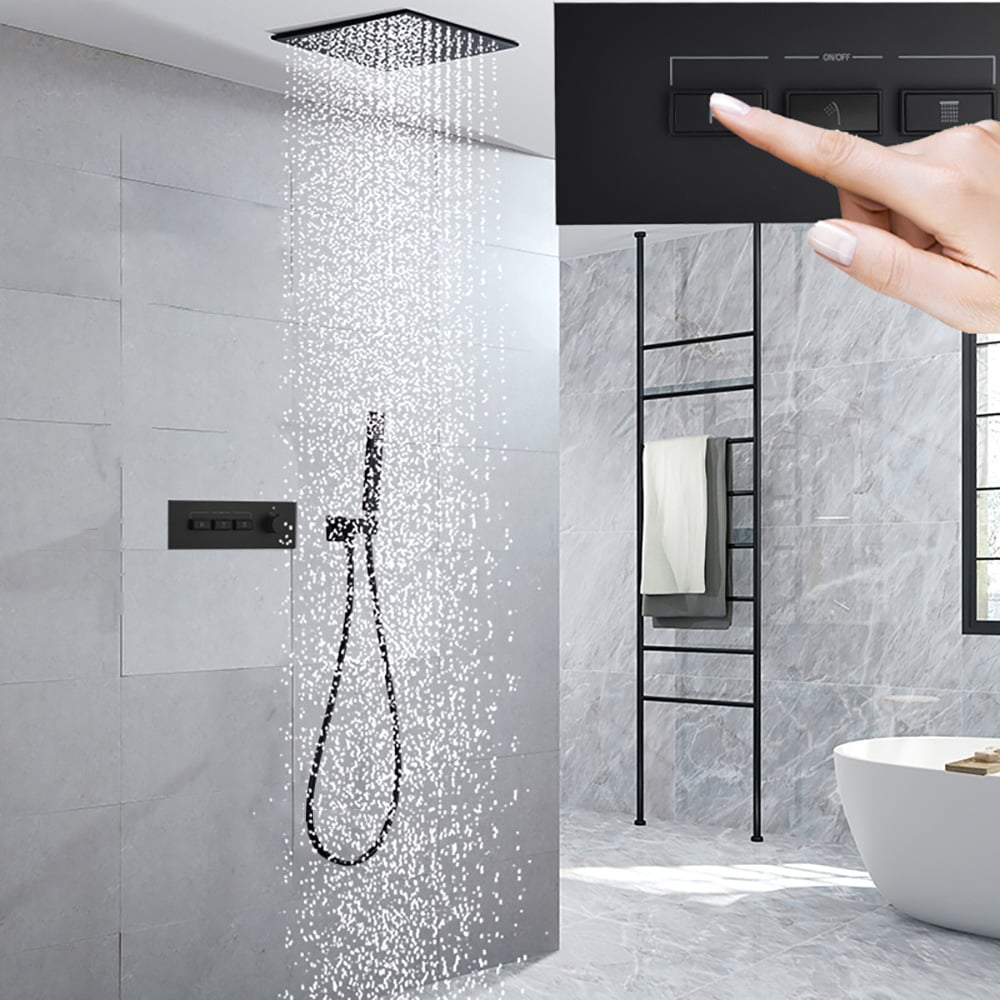 Wandgemonteerde 400mm doucheset Regenval 3 functies thermostatisch in matzwart Vensterafbeelding