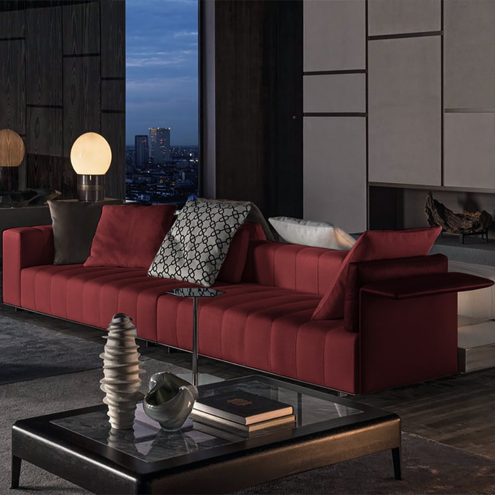 Canapé sectionnel moderne en lin avec oreillers rouge vin inclus pour 4 places image de fenêtre