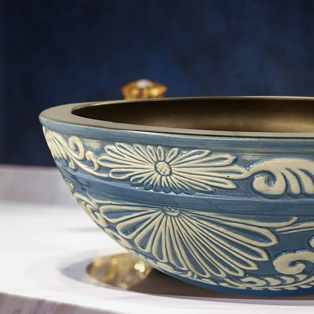 Blauw-wit retro stijl afgerond aanrecht wastafel keramische wastafel Vensterafbeelding