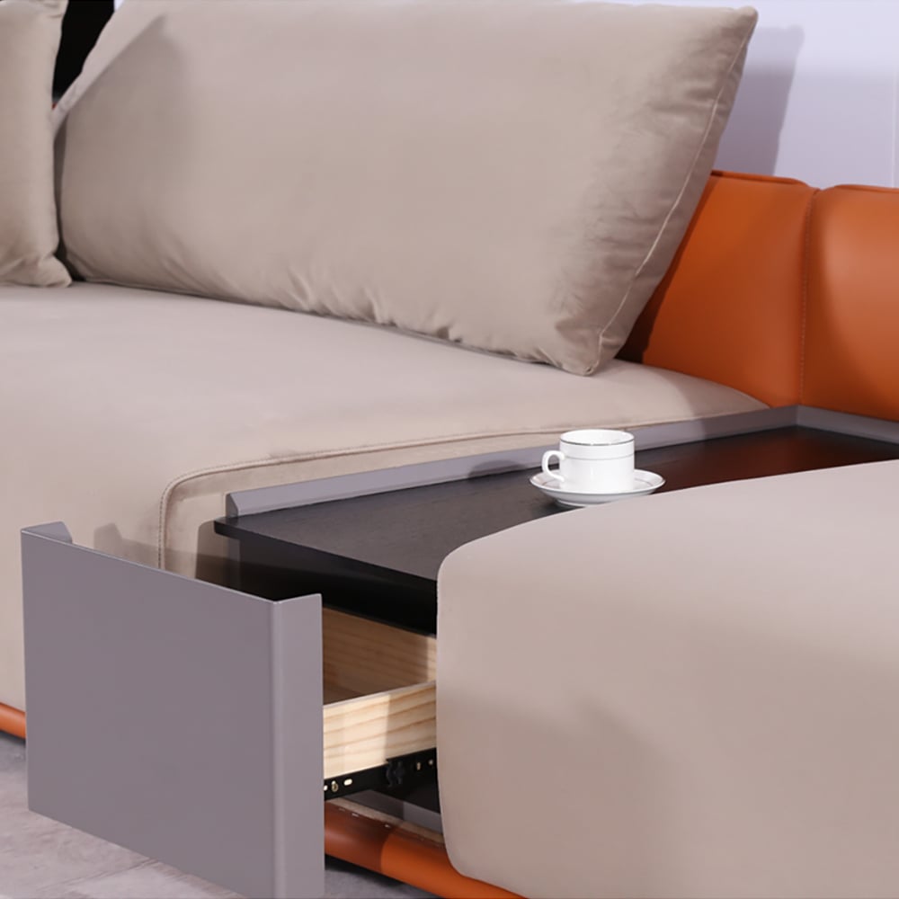 Sofá seccional moderno tapizado de terciopelo en gris y naranja para 4 plazas con mueble imagen de ventana