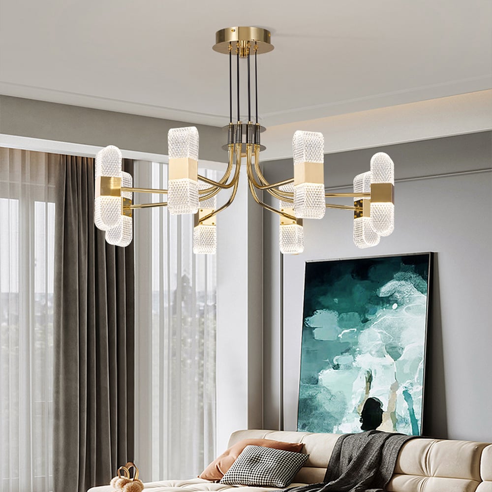 Moderne 8-licht acryl LED gouden spoetnik-kroonluchter voor woonkamer Vensterafbeelding
