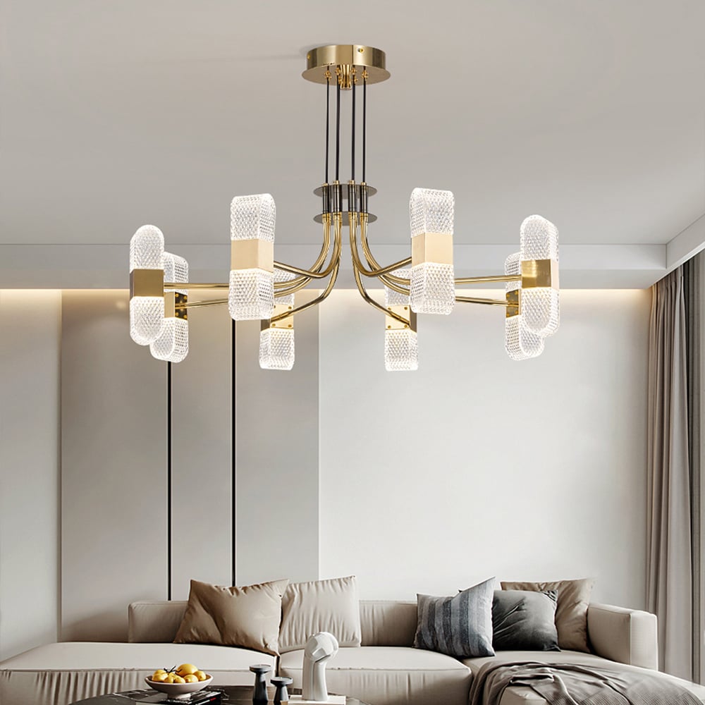 Moderne 8-licht acryl LED gouden spoetnik-kroonluchter voor woonkamer Vensterafbeelding