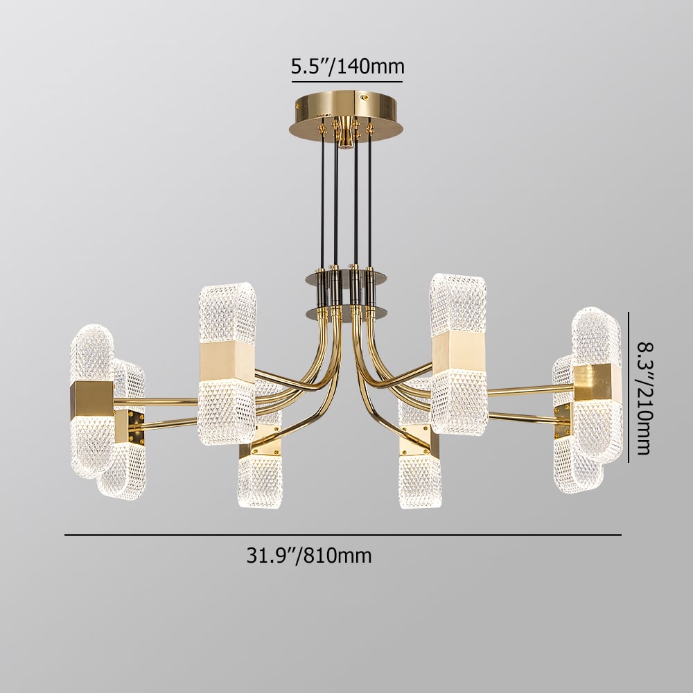 Moderne 8-licht acryl LED gouden spoetnik-kroonluchter voor woonkamer Afbeelding met gewichten en afmetingen