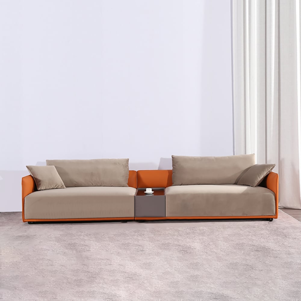 Sofá seccional moderno tapizado de terciopelo en gris y naranja para 4 plazas con mueble imagen de ventana