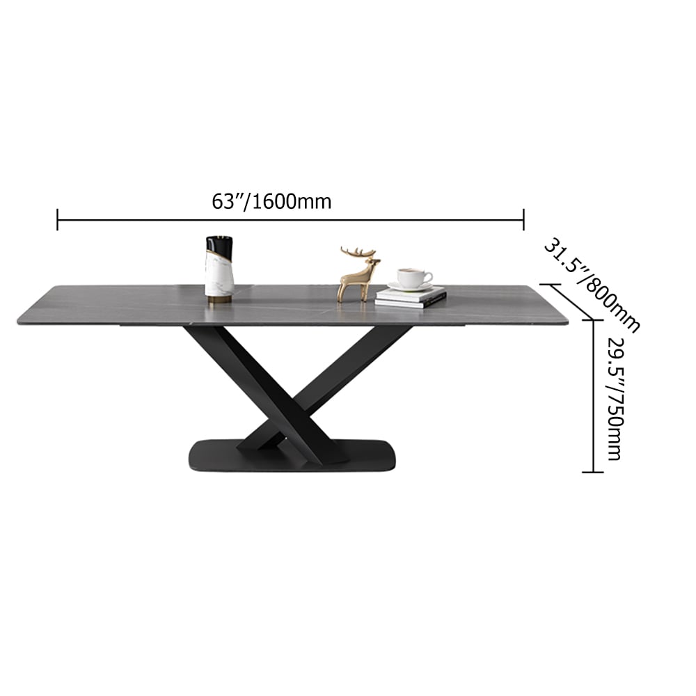 Mesa de comedor rectangular moderna de 63 «con tapa de piedra sinterizada con base de acero al carbono pesos dimensiones imagen