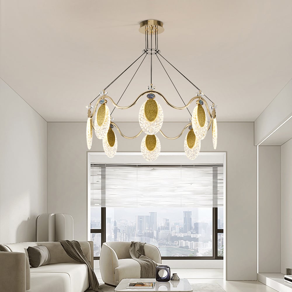 Lámpara de araña LED dorada moderna de 8 luces con cable ajustable para sala de estar y comedor Imagen de ventana