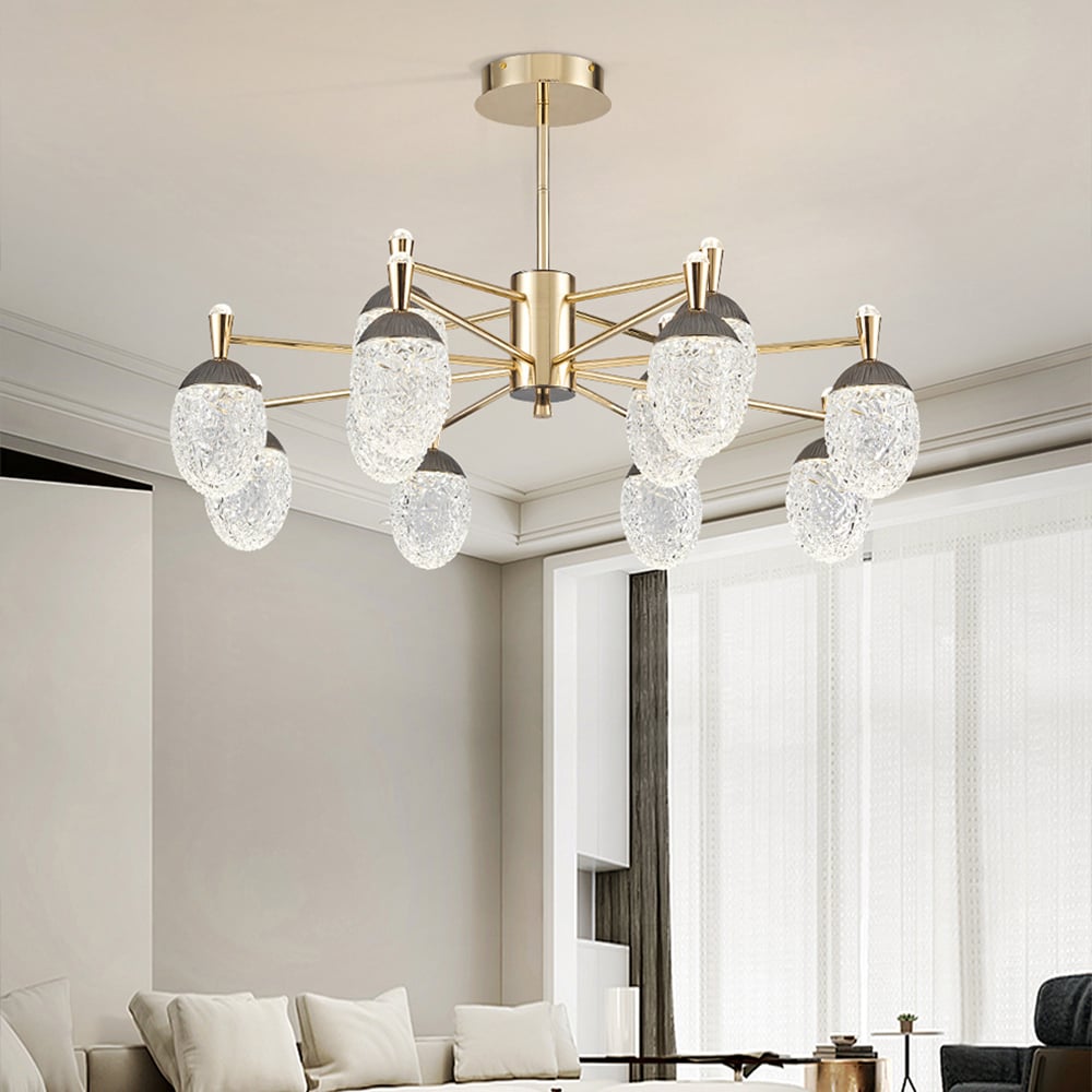 Lámpara de araña LED acrílica moderna de 12 luces en modo dorado de 3 colores para sala de estar y dormitorio Imagen de ventana