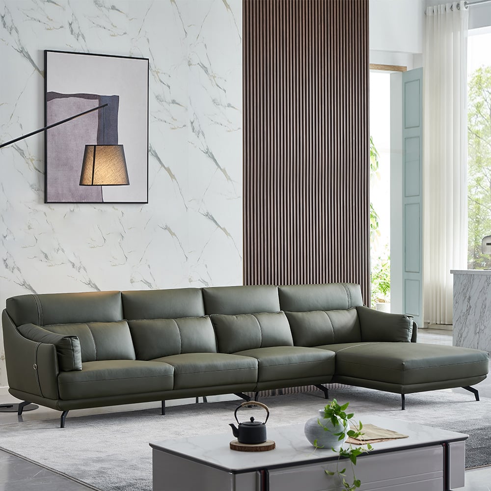 Modern Modular Sectional Sofa Leather Upholstery in Green with Chaise window image