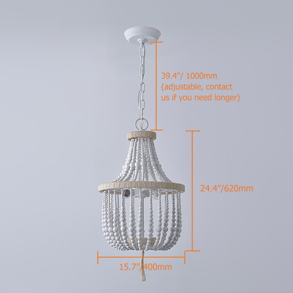 French Country Wood Beaded 3-Light Empire Chandelier in White weights dimensions image