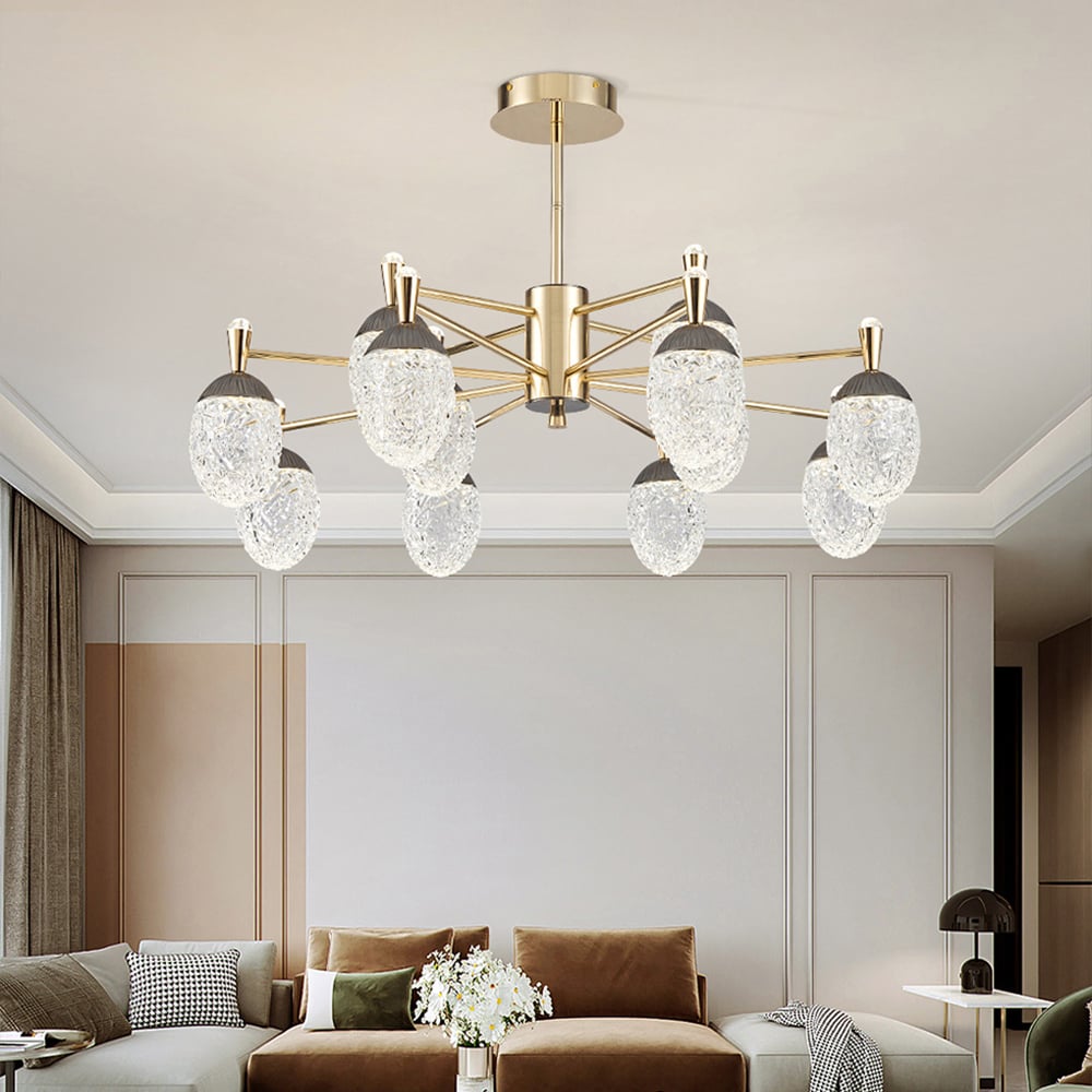 Lámpara de araña LED acrílica moderna de 12 luces en modo dorado de 3 colores para sala de estar y dormitorio Imagen de ventana