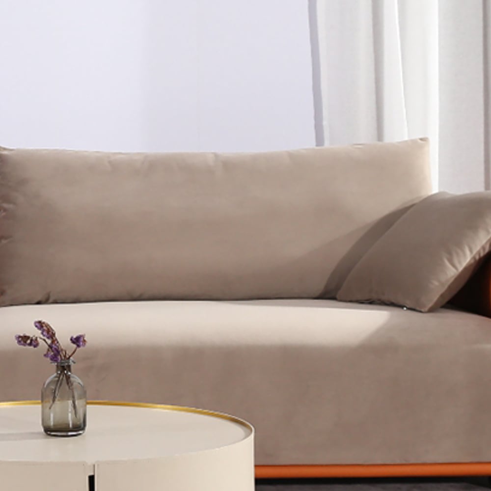 Sofá seccional moderno tapizado de terciopelo en gris y naranja para 4 plazas con mueble imagen de ventana