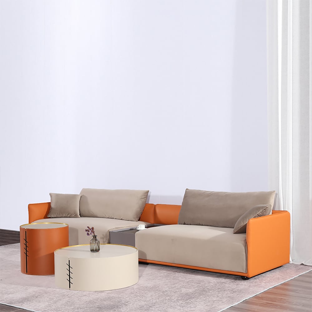 Sofá seccional moderno tapizado de terciopelo en gris y naranja para 4 plazas con mueble imagen de ventana