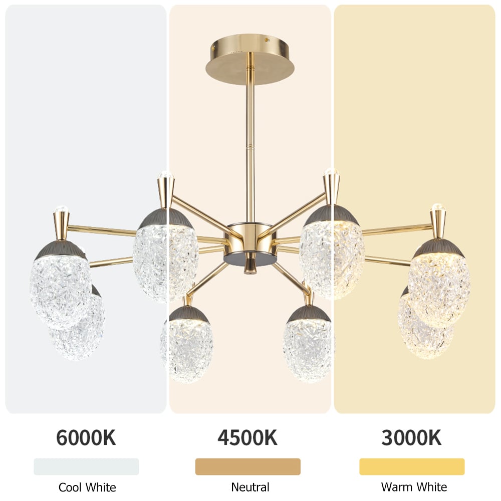 Lámpara de araña LED acrílica moderna de 12 luces en modo dorado de 3 colores para sala de estar y dormitorio Imagen de ventana