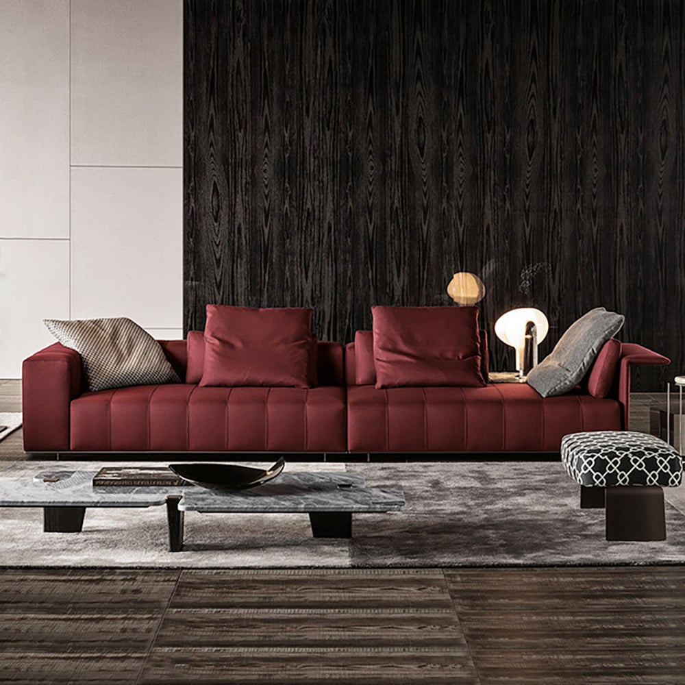 Canapé sectionnel moderne en lin avec oreillers rouge vin inclus pour 4 places image de fenêtre