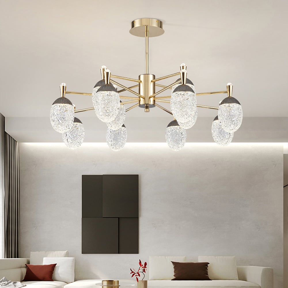 Lámpara de araña LED acrílica moderna de 12 luces en modo dorado de 3 colores para sala de estar y dormitorio Imagen de ventana