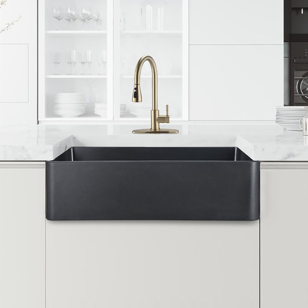 Évier de cuisine rectangulaire sous plan en argile réfractaire de 838 mm à cuve unique en noir image de fenêtre