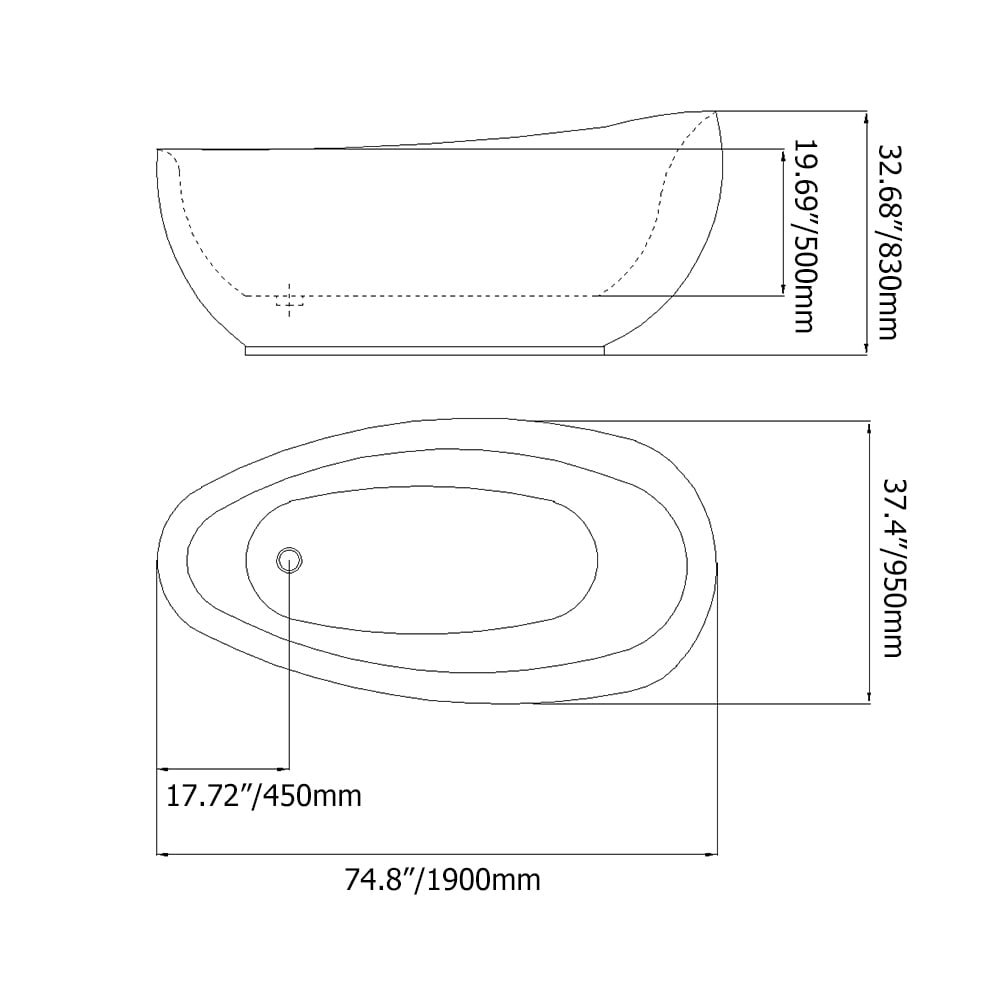 1900mm Freestanding Oval Stone Resin Soaking Bath in Matte White weights dimensions image