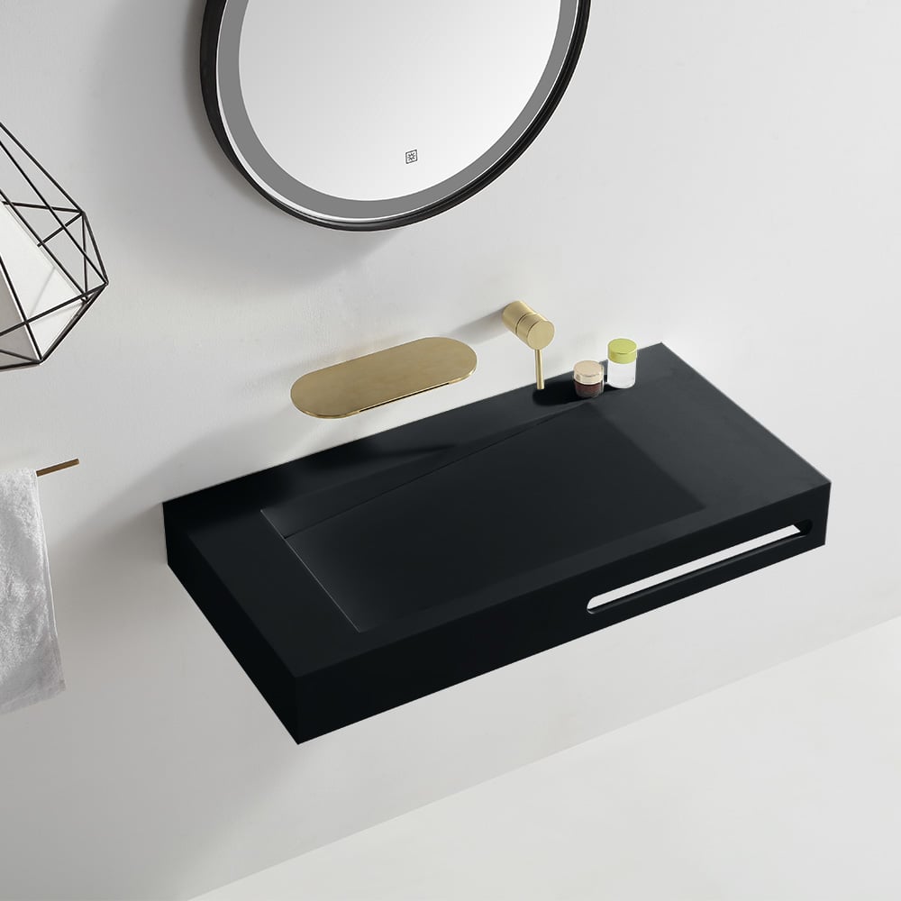 Wall-Hung Rectangular Bathroom Basin Stone Resin in Matte Black window image