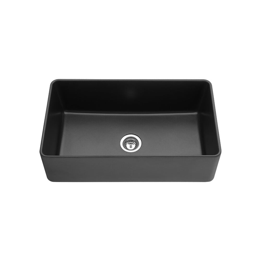 Évier de cuisine rectangulaire sous plan en argile réfractaire de 838 mm à cuve unique en noir image de fenêtre