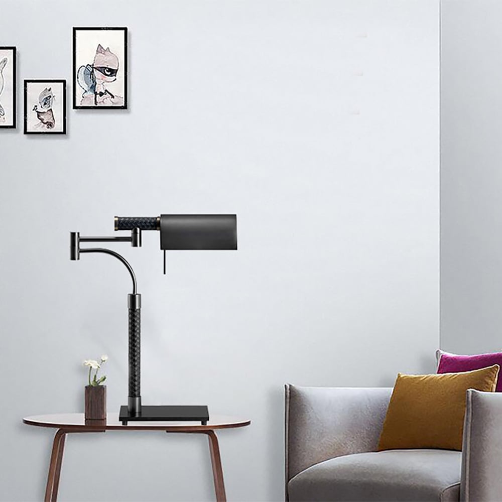 Lampe de table à bras oscillant noir Lampe de bureau en cuir et métal image de fenêtre
