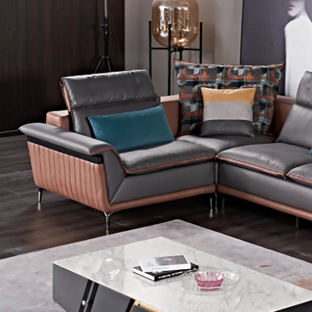 Moderne sectionele bank met chaise in grijze L-vormige lederen bekleding Vensterafbeelding