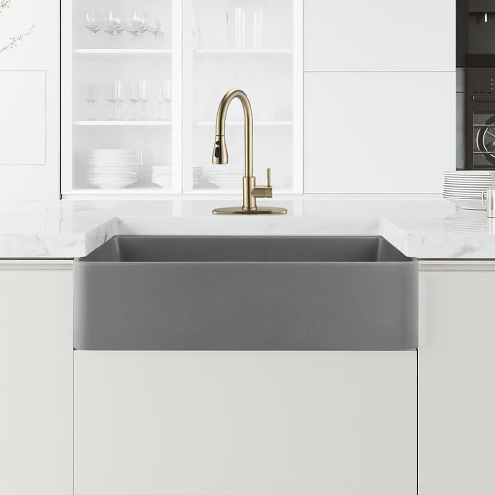 Évier de cuisine rectangulaire sous plan en argile réfractaire de 914 mm à cuve unique en gris image de fenêtre