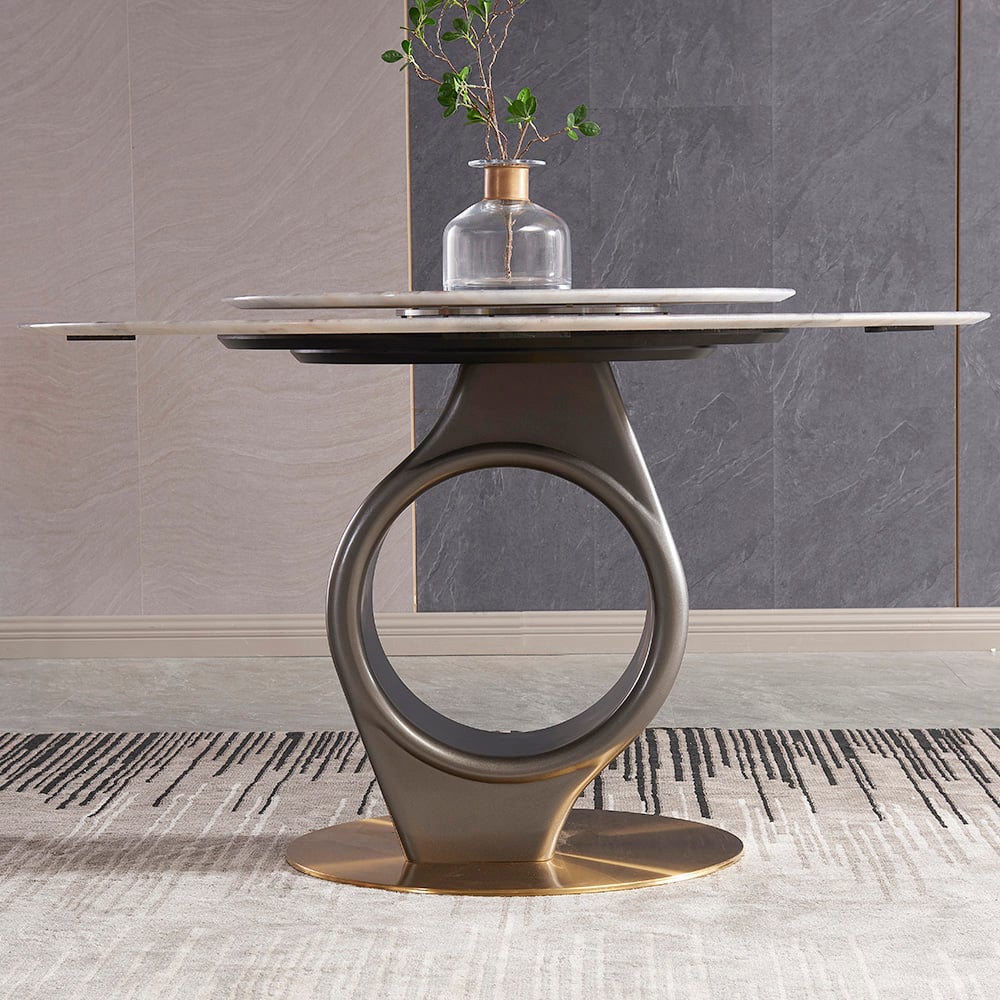 Modern Grey Round Dining Table with Lazy Susan and Faux Marble Tabletop window image