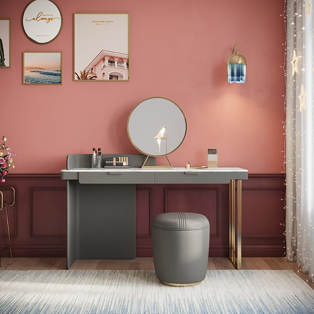 Modern Sintered Stone Top Makeup Vanity with Mirror & Storage in Dark Gray window image