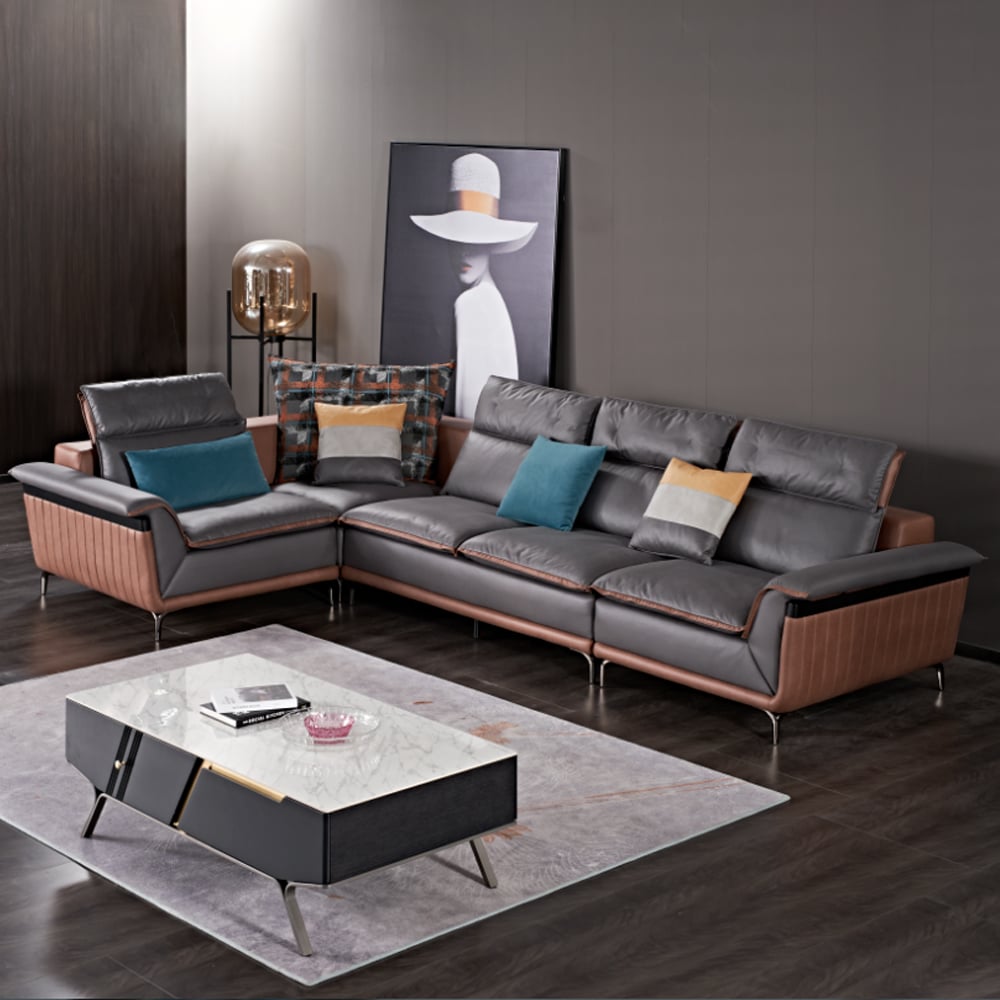 Moderne sectionele bank met chaise in grijze L-vormige lederen bekleding Vensterafbeelding