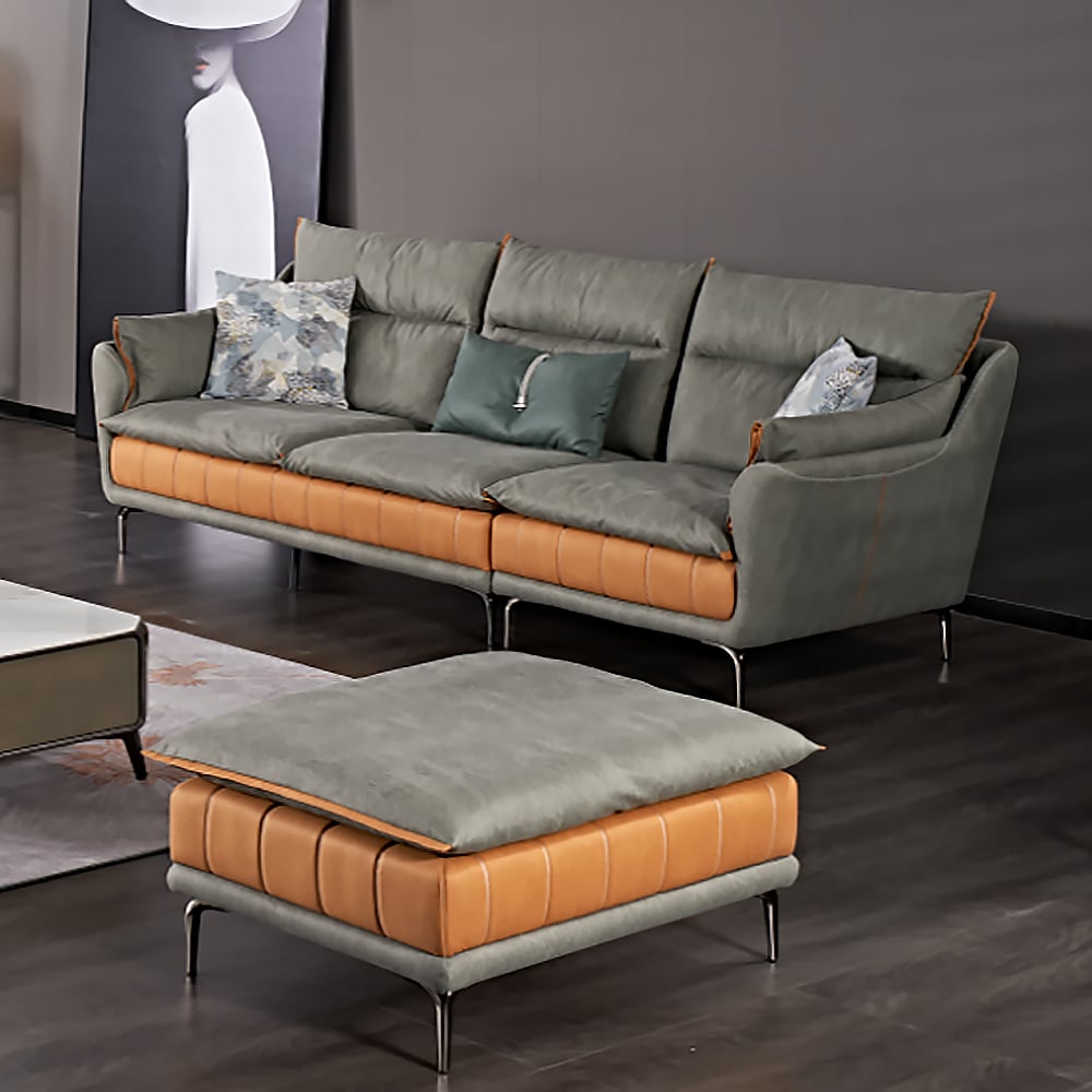 Sofa sectionnel moderne 2 pièces avec tabouret, revêtement en cuir gris image de fenêtre