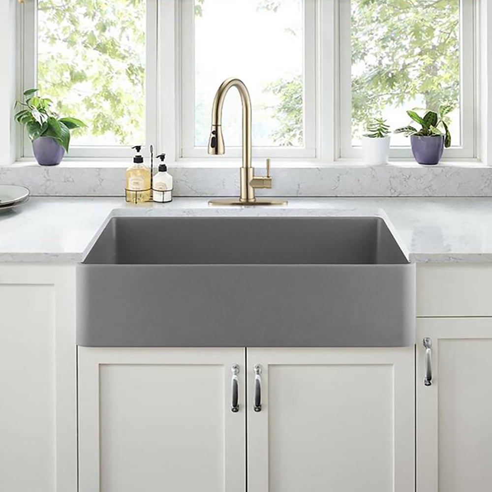 Évier de cuisine rectangulaire sous plan en argile réfractaire de 914 mm à cuve unique en gris image de fenêtre