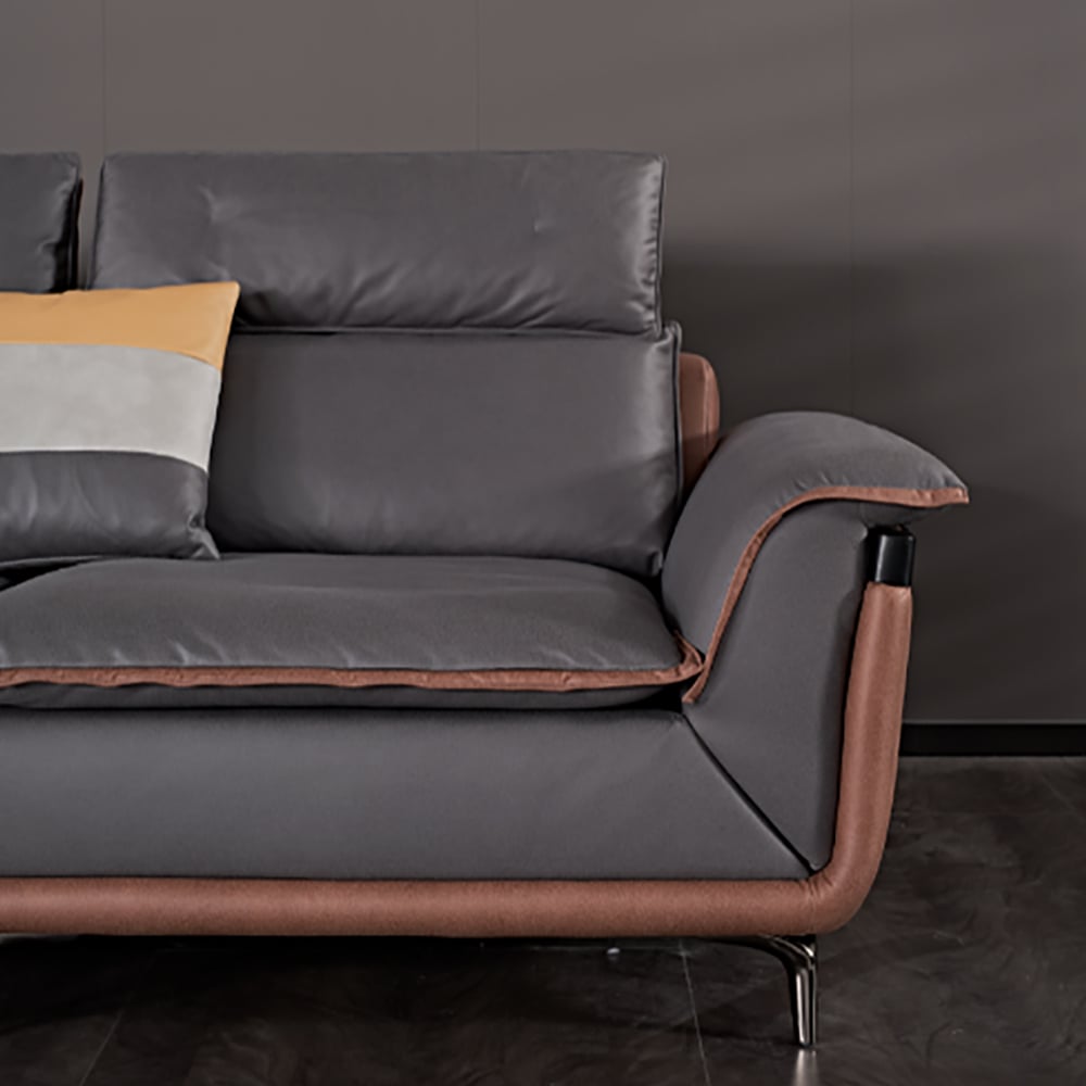 Moderne sectionele bank met chaise in grijze L-vormige lederen bekleding Vensterafbeelding