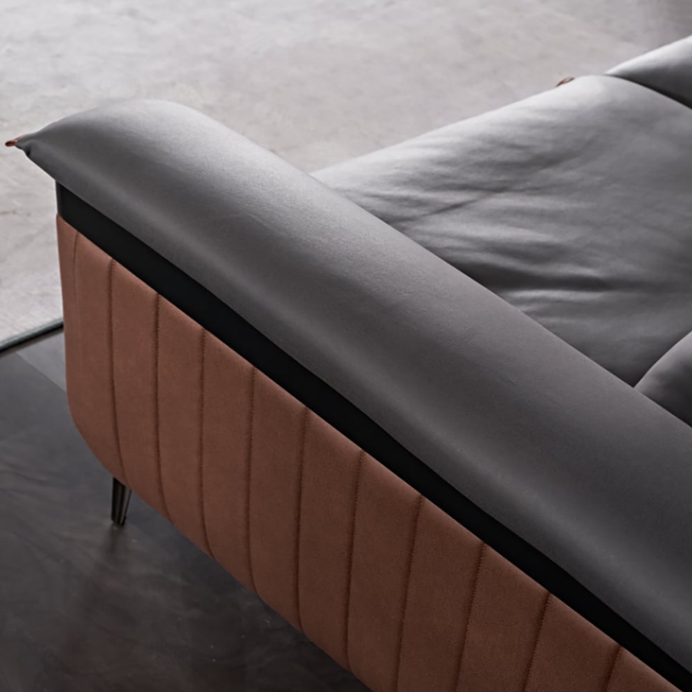 Moderne sectionele bank met chaise in grijze L-vormige lederen bekleding Vensterafbeelding