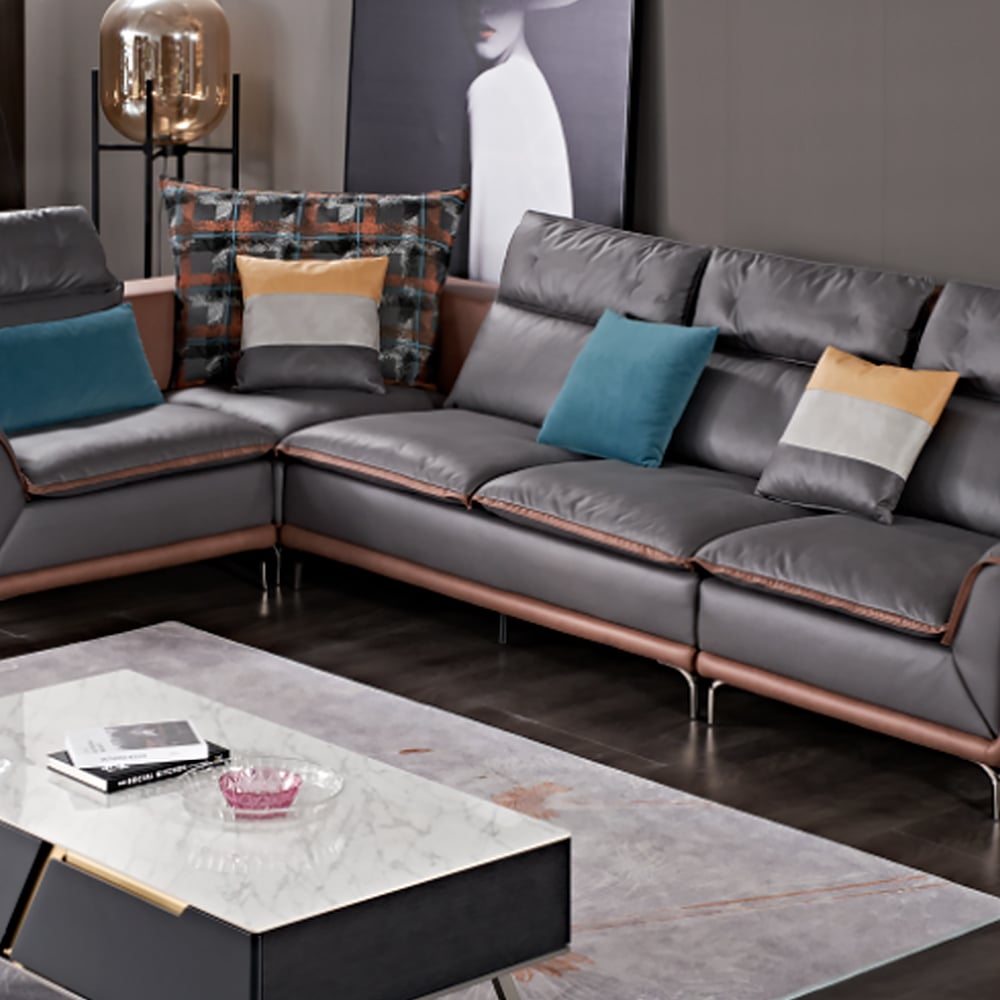 Moderne sectionele bank met chaise in grijze L-vormige lederen bekleding Vensterafbeelding