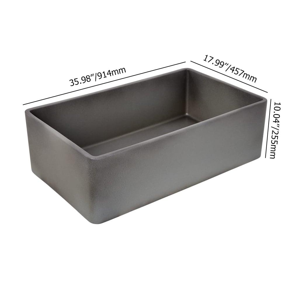 Évier de cuisine rectangulaire sous plan en argile réfractaire de 914 mm à cuve unique en gris Poids, dimensions, image