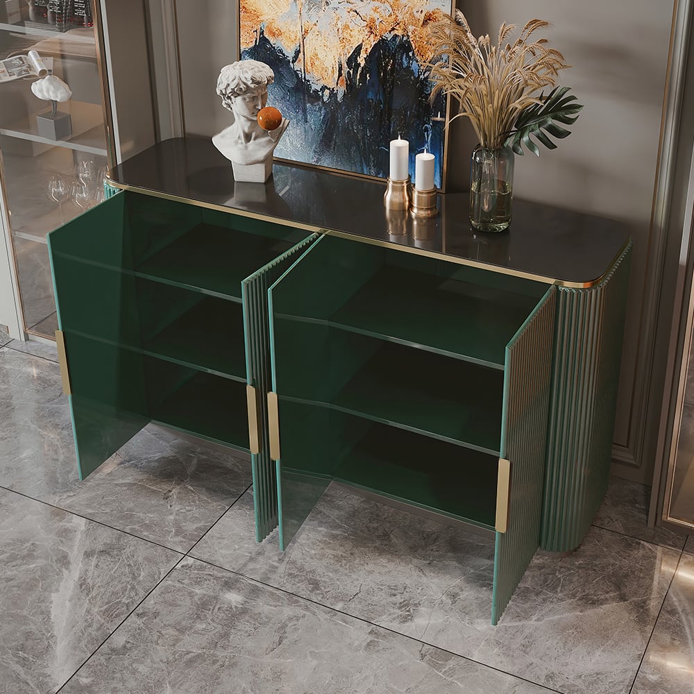 Luxury Green Glass Top Sideboard Buffet with 4-Door & Shelves window image