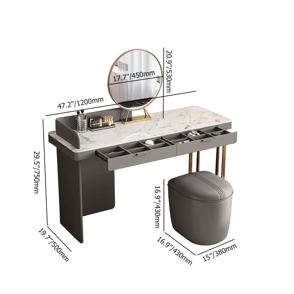 Modern Sintered Stone Top Makeup Vanity with Mirror & Storage in Dark Gray weights dimensions image
