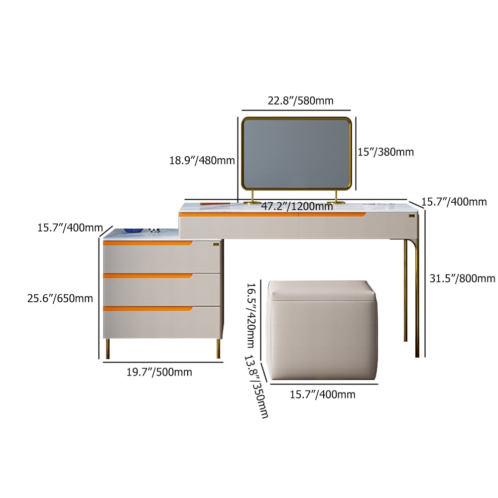 Moderner Schminktisch mit Schrank, Spiegel und Hocker, Hellgrau Bild der Gewichte & Abmessungen